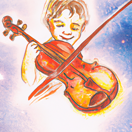 Image of a child holding an old violin with a big smile on their face