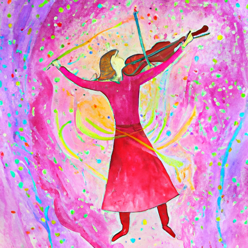 Image of a picture of a person playing a magical violin in the middle of a colorful festival