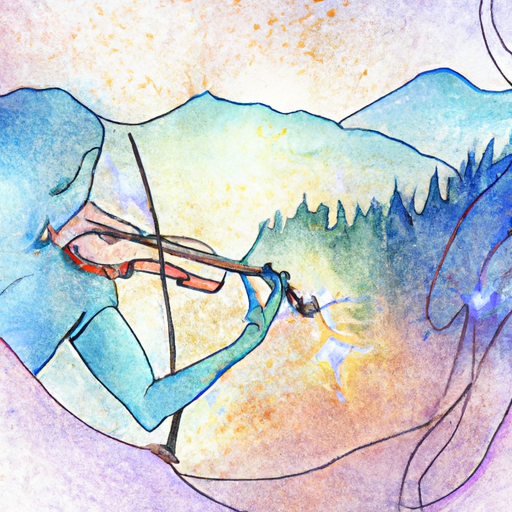 Image of a scene of a person holding a magical violin, surrounded by mountains, valleys, forests, and cliffs