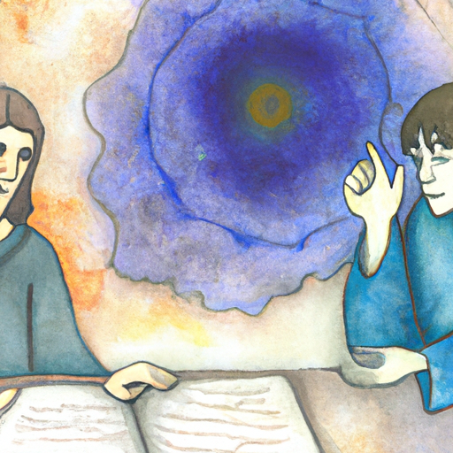 Image of an illustration of the mage and the protagonist sitting together, facing each other