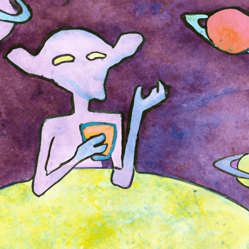 Image of an alien sitting on a colorful planet, sipping a gurpleberry smoothie, with a surprised expression as they look at a message on their communicator