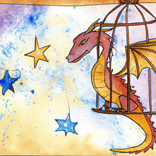 Image of a picture of a big dragon with golden eyes standing next to a rusty cage