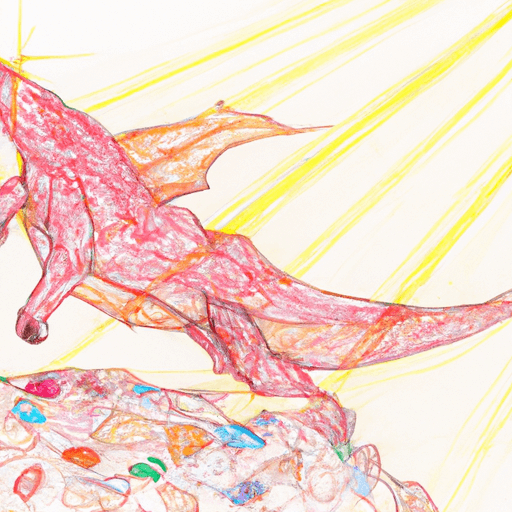 Image of the dragon behind a pile of rocks, with sunlight shining on her red scales