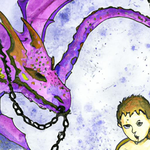 Image of a little child with a brave face standing in front of a giant dragon