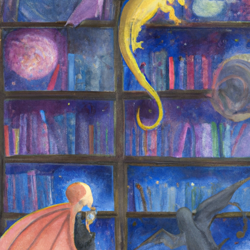 Image of a scene where the main character stands in awe in a section of the library called The Art of Imaginative Expanse