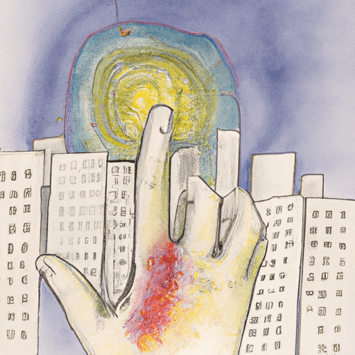 Image of an illustration of a giant hand reaching towards a tiny city